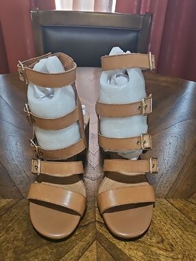 Gianni Bini Tan Multi-Strap Buckle Heeled Sandals